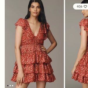 Anthropologie Small‎ Ruffle Mini Dress Red Garnet Metallic Smocked $178
